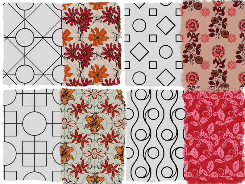 May include: Eight different patterned designs are shown. The patterns include geometric shapes, floral arrangements, and stylized leaf motifs. Colours include black, white, red, orange, and shades of pink and beige. The designs are arranged in a grid.