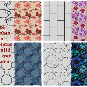 May include: Eight different patterned designs are shown. The designs include black looping lines, pink and red floral patterns, a grey brick pattern, purple floral patterns, blue cactus patterns, grey circles, and blue floral patterns. Text reads "use brushes as templates to build your own pattern."