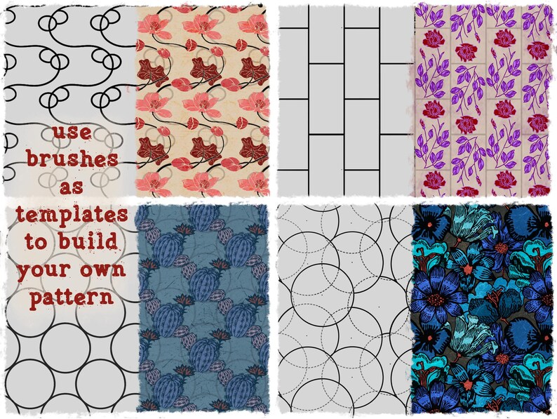 May include: Eight different patterned designs are shown. The designs include black looping lines, pink and red floral patterns, a grey brick pattern, purple floral patterns, blue cactus patterns, grey circles, and blue floral patterns. Text reads "use brushes as templates to build your own pattern."