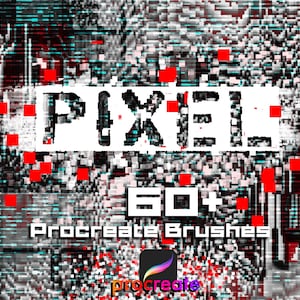 以下が含まれることがあります： ピクセルデザインのデジタルアート画像。テキスト「PIXEL 80+ Procreate Brushes」は、赤い背景に白い文字で書かれています。画像は、ピクセルデザインのデジタルイラストです。