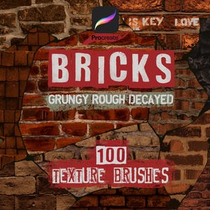 May include: Digital artwork showing a brick texture with the word "BRICKS" in large white letters on a red background. The text "GRUNGY ROUGH DECAYED" is below, and "100 TEXTURE BRUSHES" is at the bottom. The Procreate logo is in the top left.