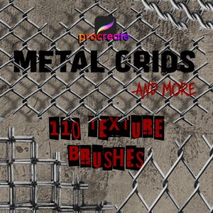 May include: Digital art graphic featuring a distressed metal grid design with the text "METAL GRIDS AND MORE" and "110 TEXTURE BRUSHES" in bold, red letters. The Procreate logo is in the upper right corner.