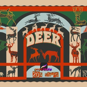 Może przedstawiać: Ilustracja w stylu vintage jelenia z napisem "DEER" dużymi literami. Obraz jest otoczony czerwoną ramką z falistym brzegiem. Obraz jest podzielony na sekcje z różnymi kolorowymi tłami. Obraz zawiera tekst "procreate 205 stamps".