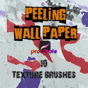 Può includere: Un'illustrazione digitale di un muro che si sta sbucciando con una texture usurata. Il testo "PEELING WALLPAPER" è in grassetto, lettere nere. Sotto il testo c'è un logo per Procreate e il testo "10 TEXTURE BRUSHES".