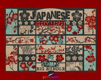 Japanese sakura flower stamps for Procreate. Big bundle.