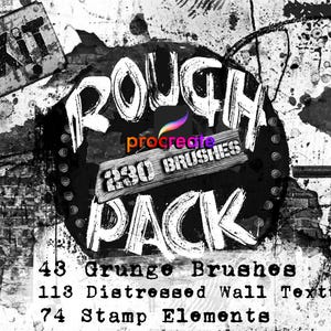 May include: Black and white grunge design with the text "ROUGH 230 BRUSHES PACK" and the numbers "43 Grunge Brushes", "113 Distressed Wall Textures", and "74 Stamp Elements".