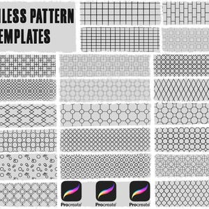May include: A selection of black and white seamless pattern templates, showcasing diverse geometric designs such as grids, circles, and diamonds. The text "SEAMLESS PATTERN TEMPLATES" is at the top. Includes Procreate app icons.