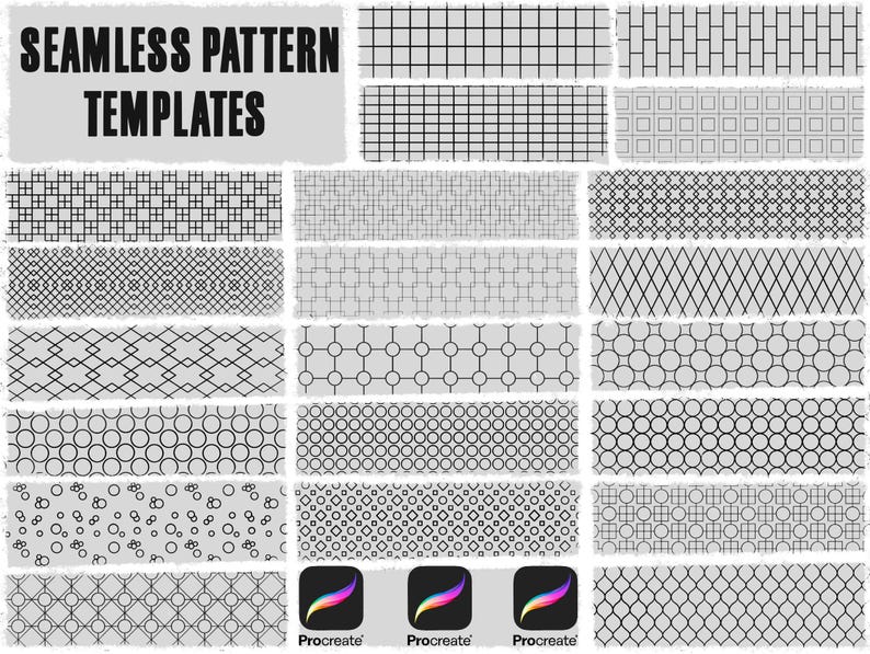 May include: A selection of black and white seamless pattern templates, showcasing diverse geometric designs such as grids, circles, and diamonds. The text "SEAMLESS PATTERN TEMPLATES" is at the top. Includes Procreate app icons.