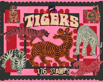 Tiger procreate stamps. Asian tiger traditional art.