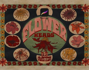 Flower heads stamps for Procreate. Chrysanthemum, rose, daisy, poppy, peony, and more.