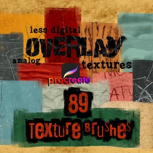 May include: A digital illustration of a collection of 89 texture brushes for Procreate. The image features a collage of colorful, textured squares with the text "less digital OVERLAY analog textures" and "89 texture brushes".