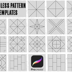 May include: A selection of seamless pattern templates featuring geometric designs in black lines on a light grey background. The text "SEAMLESS PATTERN TEMPLATES" is at the top. Includes the Procreate app logo.
