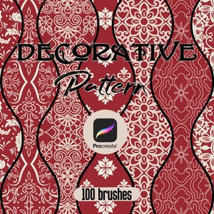 May include: A digital art graphic featuring a collection of decorative patterns in red and cream. The patterns include floral and geometric designs. The text "DECORATIVE Pattern" and "100 brushes" are also visible.
