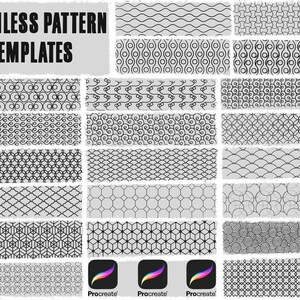 May include: A selection of black and white seamless pattern templates. The designs include geometric shapes, swirls, and wave patterns. The text "SEAMLESS PATTERN TEMPLATES" is at the top. The Procreate app logo is at the bottom.