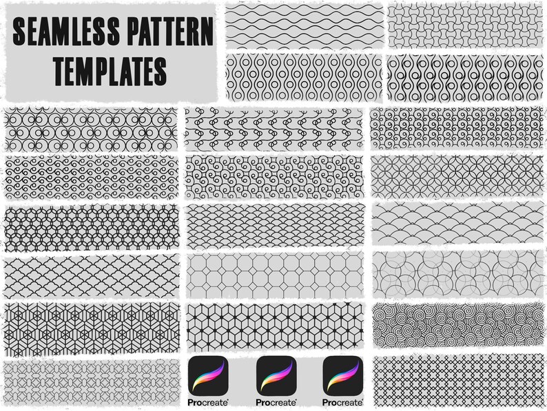 May include: A selection of black and white seamless pattern templates. The designs include geometric shapes, swirls, and wave patterns. The text "SEAMLESS PATTERN TEMPLATES" is at the top. The Procreate app logo is at the bottom.