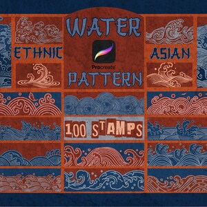 May include: A digital art graphic featuring water patterns in ethnic and Asian styles. The image is divided into rectangular sections with wave designs in blue, orange, and white. Text includes "WATER PATTERN", "ETHNIC", "ASIAN", "Procreate", and "100 STAMPS".