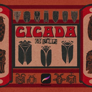 May include: A digital art piece featuring a collection of cicada-themed stamps. The design includes the word "CICADA" in bold red letters, along with "65 STAMPS." Various stylized cicada illustrations in black are arranged on a textured background with red and brown borders.