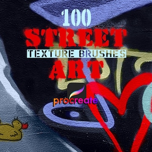 May include: 100 Street Art Texture Brushes for Procreate. A digital art brush set with a graffiti theme. The image shows a colourful graffiti wall with a heart shape and a duck drawing.