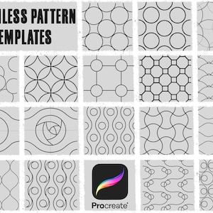 May include: A selection of seamless pattern templates featuring geometric designs such as circles, squares, and wavy lines. The patterns are black on a light grey background. The text "SEAMLESS PATTERN TEMPLATES" is at the top. The Procreate app logo is in the bottom right.
