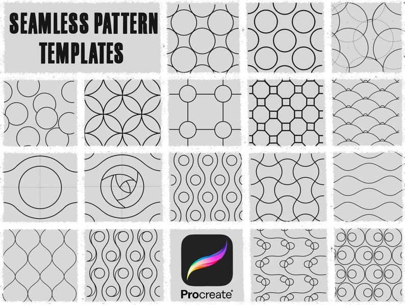 May include: A selection of seamless pattern templates featuring geometric designs such as circles, squares, and wavy lines. The patterns are black on a light grey background. The text "SEAMLESS PATTERN TEMPLATES" is at the top. The Procreate app logo is in the bottom right.