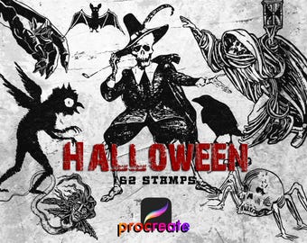 Halloween stamps for procreate. Vintage illustration horror stamps.