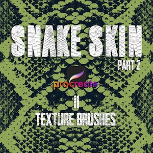 Può includere: Un set di pennelli texture di pelle di serpente verde e nero per Procreate. Il set si chiama "Snake Skin Part 2: Texture Brushes".