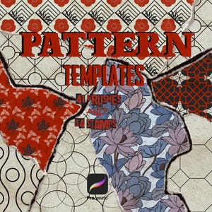 Puede incluir: Un collage de diseños estampados con bordes rasgados. El texto "PATTERN TEMPLATES" está en rojo, con "41 BRUSHES y 54 STAMPS" debajo. Los patrones incluyen formas florales, geométricas y abstractas en rojo, negro y azul.