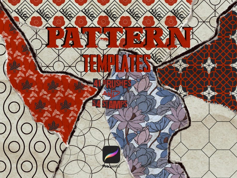 May include: A collage of patterned designs with torn edges. The text "PATTERN TEMPLATES" is in red, with "41 BRUSHES and 54 STAMPS" below. The patterns include floral, geometric, and abstract shapes in red, black, and blue.