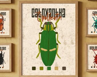 Printable insect poster. Green bug decor for kids room. Entomology art gift