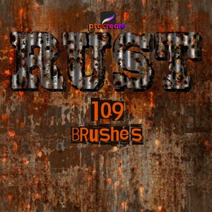 Puede incluir: Gráfico de arte digital con un fondo de textura de metal oxidado. La palabra "RUST" se muestra en un estilo 3D de metal corrugado. Debajo, el texto "109 BRUSHeS" está escrito en naranja.