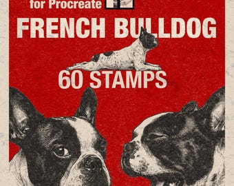 Procreate dog stamps with vintage print effect | French bulldog retro pet clipart brushes