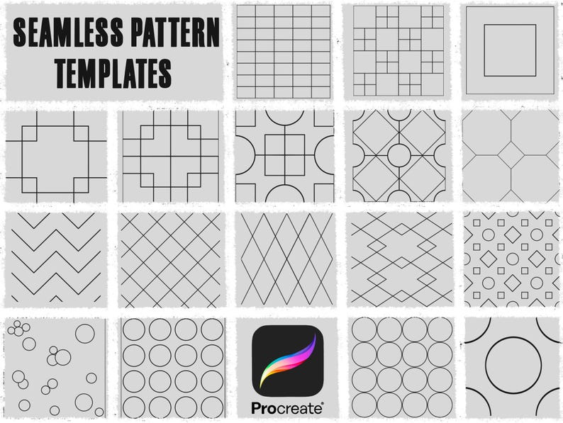 May include: A selection of black and white seamless pattern templates. The designs include grids, geometric shapes, and abstract patterns. The text "SEAMLESS PATTERN TEMPLATES" is at the top. The Procreate app logo is in the bottom right corner.