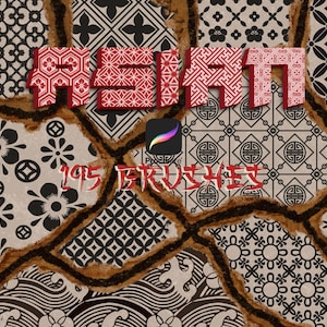 May include: An artistic collage featuring various Asian-inspired patterns in black, white, and beige. The word "ASIAN" is displayed in red, textured lettering. Below, the text "195 BRUSHES" is also in red. The Procreate app logo is visible.
