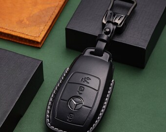 Car Key Case, Handmade Leather Key Fob Cover Compatible for Mercedes C E S Class E300L C200L C260L GLA GLB GLC etc, Gift for Him Her