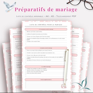 Peut inclure: Plusieurs feuilles de listes de contrôle de mariage imprimables avec des accents roses et du texte en français. Les feuilles comprennent des sections pour les tâches de planification, avec un stylo posé dessus. Le titre est "Préparatifs de mariage".