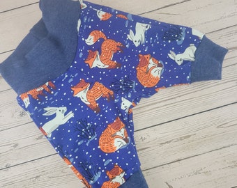 Pantaloni a pompa per neonati con volpe e coniglio blu taglia 50-80