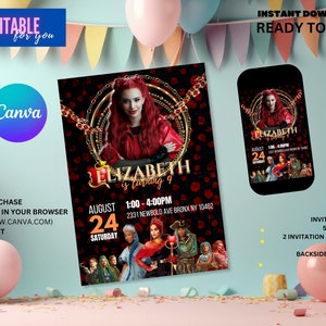 May include: An editable invitation template for a 9th birthday party, featuring a red and black colour scheme. The invitation includes a photo of a girl dressed as a character from the film "Once Upon a Time". The text on the invitation reads "Elizabeth is turning 9" and includes the date, time, and location of the party.