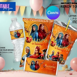 May include: Printable party favour labels featuring characters from the Disney movie Descendants. The labels are designed for water bottles, juice boxes, and snack bags. The labels feature the text "Allison is turning 9".
