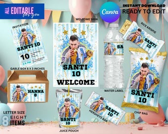 Messi Birthday Party Decoration Bundle Editable, World Cup Messi Argentina editable Invitation