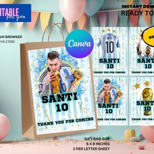 Messi Birthday Party Gift Bag Editable, World Cup Messi Argentina editable Invitation, Editable Canva Invitation
