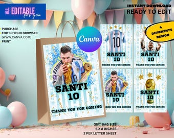 Bolsa de regalo editable para fiesta de cumpleaños de Messi, invitación editable de Messi Argentina para la Copa del Mundo, invitación editable de Canva