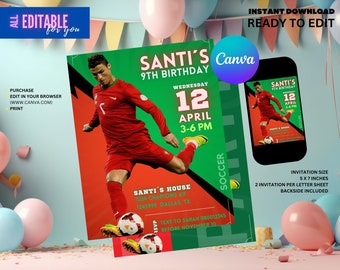 Invito di compleanno di calcio modificabile, invito modificabile di calcio