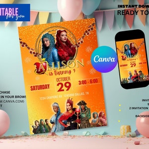 May include: An editable invitation for a birthday party with a "Once Upon a Time" theme. The invitation features a gold apple with a crown, the name "Alison", and the text "is turning 9". The background is orange with gold glitter. The invitation also includes the date, time, and location of the party.