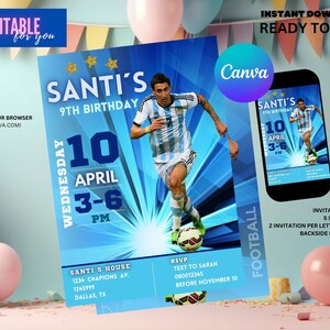 May include: Editable birthday invitation template for a 9th birthday party with a soccer theme. The invitation features a blue and white background with a soccer player in a blue and white jersey. The text on the invitation says "Santi's 9th Birthday" and "Wednesday, April 10th, 3-6 PM".