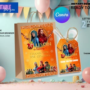 May include: Printable gift bag and thank you tag featuring a cartoon image of two girls with red and blue hair. The text on the bag and tag reads "Allison is turning 7" and "Thank you for coming".