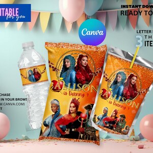 May include: Printable party favour labels featuring a cartoon image of characters from the movie Descendants. The labels are designed for water bottles, snack bags and juice boxes. The labels are decorated with a gold glitter background and the text "Allison is turning 9".