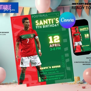 Invitation de fête d'anniversaire de football modifiable, invitation de football modifiable, décoration de cotillons de football
