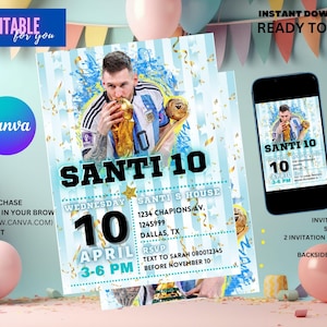 Messi Birthday Party Invitation Editable, World Cup Messi Argentina editable Invitation, Editable Canva Invitation