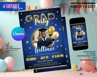 May include: Blue and gold graduation party invitation with a photo of a graduate in a cap and gown. The invitation says "Please join us for a Grad Party in honor of William" and includes the date, time, and location of the party. The invitation is 5x7 inches and includes a backside.