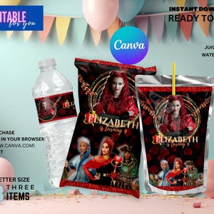 May include: Printable party supplies featuring a red and gold design with a character from the movie "Descendants". The design includes the text "Elizabeth is turning 9". The set includes a chip bag, juice pouch, and water bottle label.